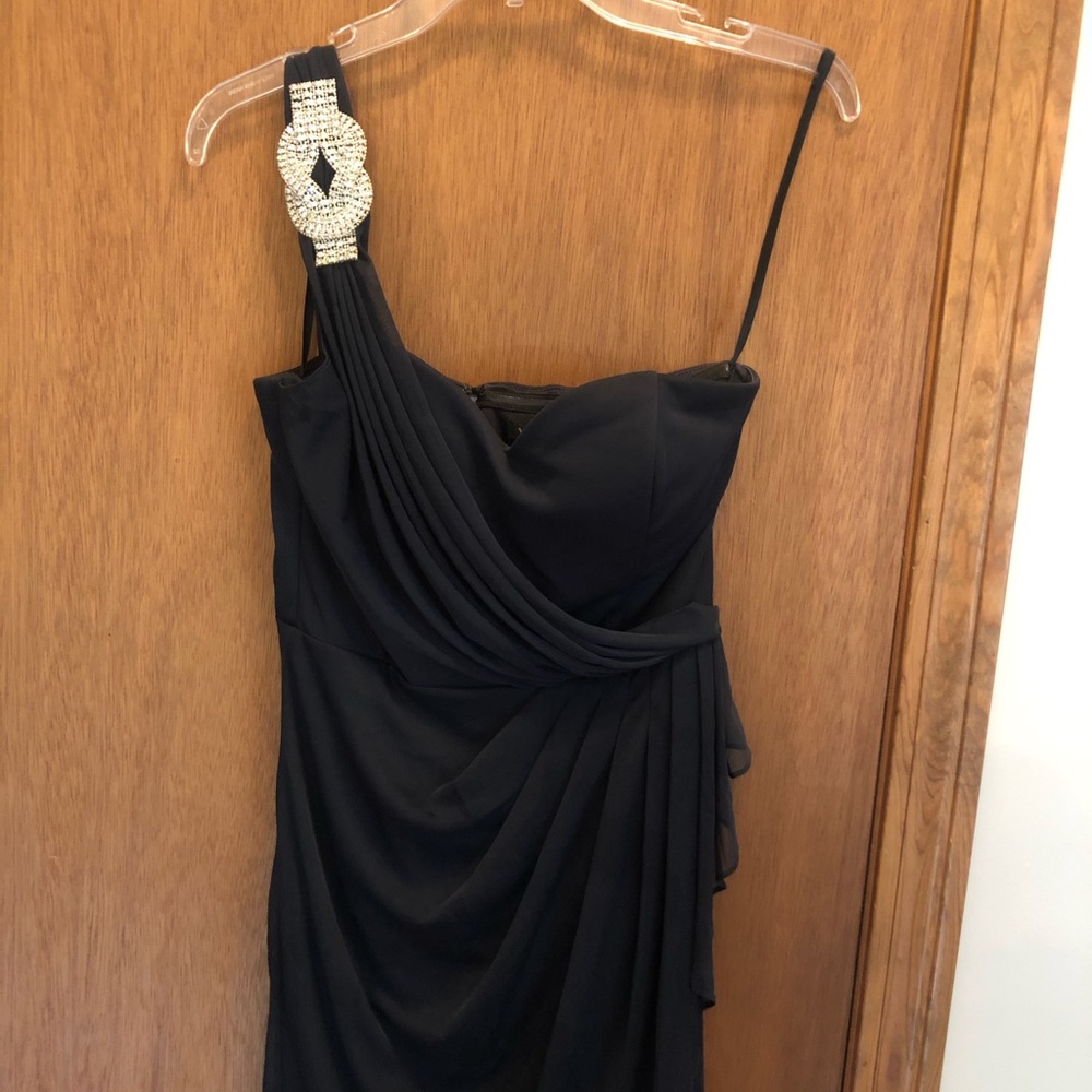 One shoulder jeweled accent black mini dress